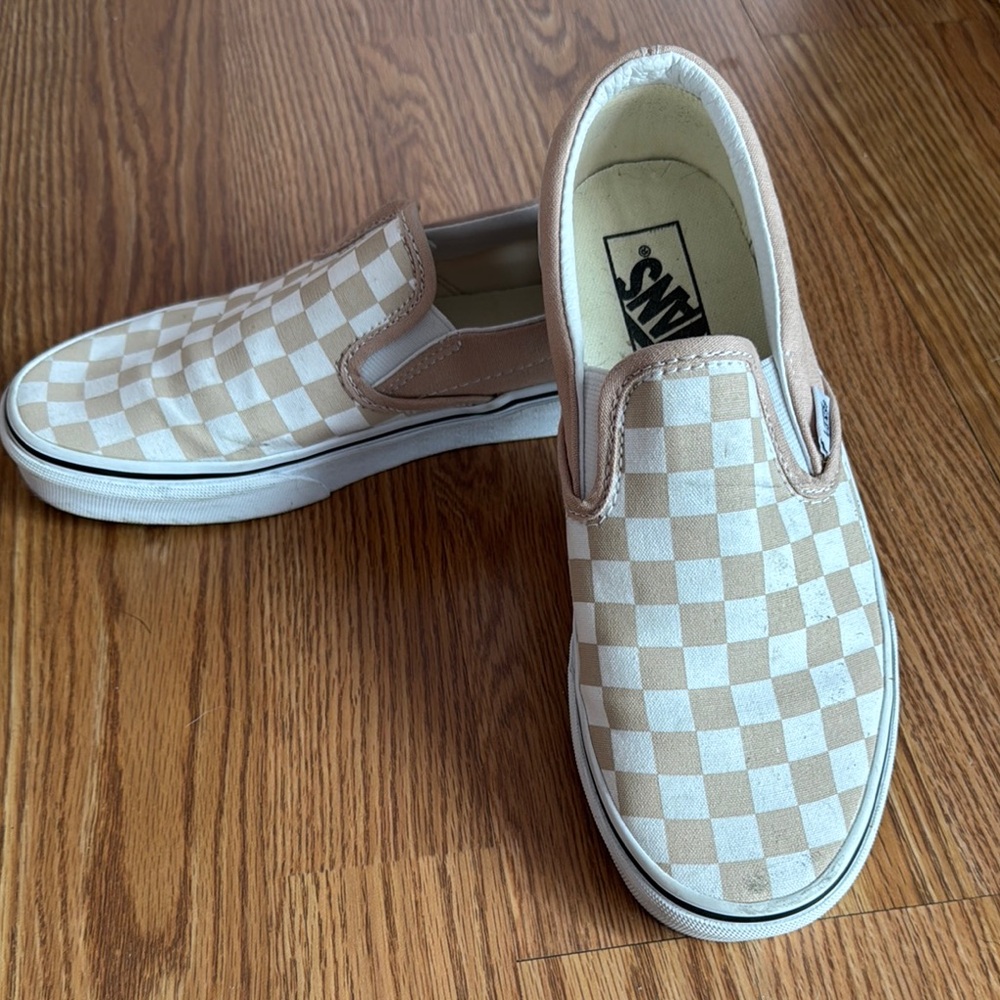 Vans Tan and White Checkerboard Slip-On Sneakers